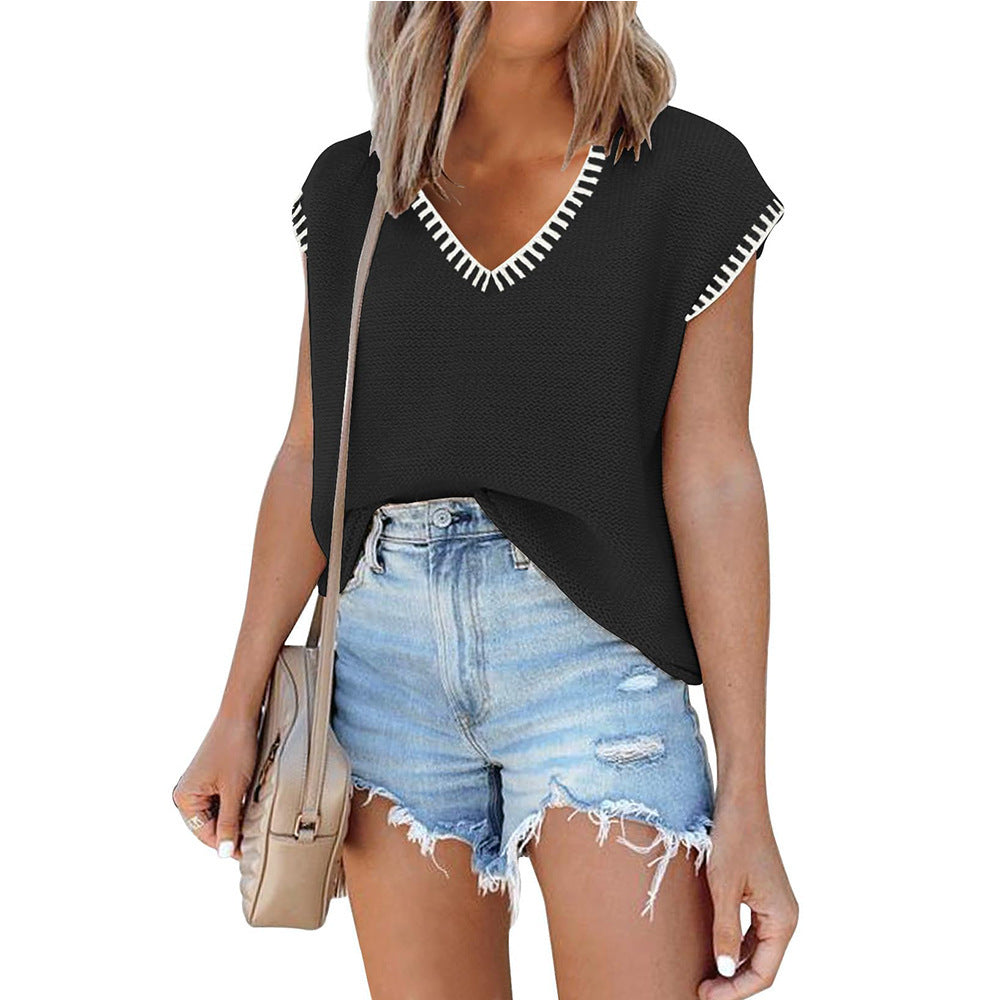 Women's Solid Cap-sleeve Knitted Pullover Top