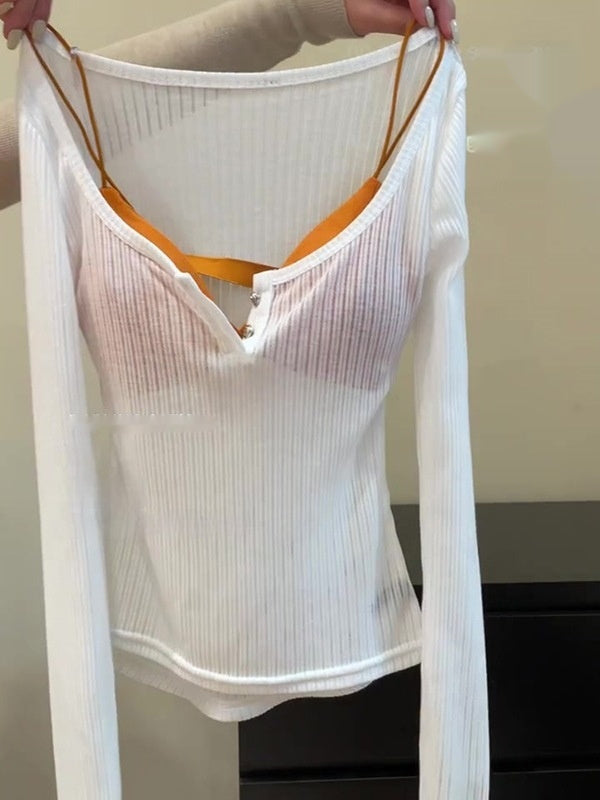 Pure Sexy Hot Girl Slim-fit Micro Transparent Long-sleeved T-shirt For Women
