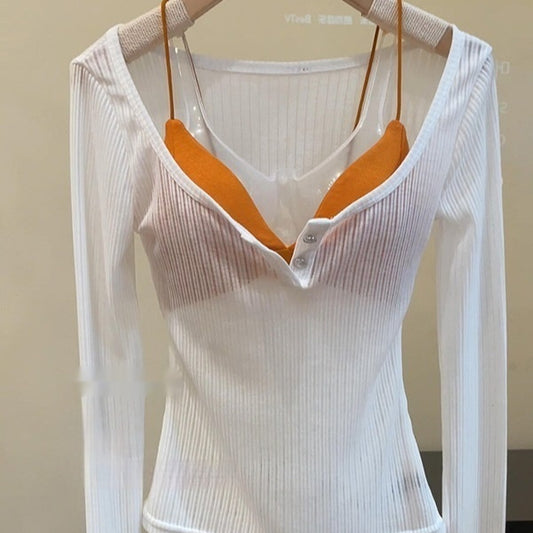 Pure Sexy Hot Girl Slim-fit Micro Transparent Long-sleeved T-shirt For Women