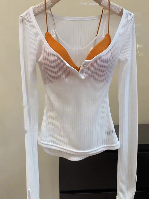 Pure Sexy Hot Girl Slim-fit Micro Transparent Long-sleeved T-shirt For Women